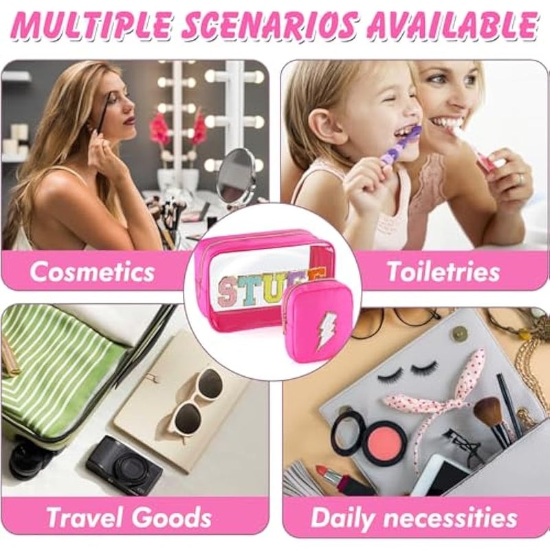 يورسكيتووس شنطة من قماش الشانيل بتصميم حروف مصنوعة من النايلون ومزودة برقعة بريبي مع سحاب، شنطة صغيرة شفافة من بلاستيك بي في سي مضادة للماء لتنظيم ادوات الزينة للبنات (روز)، وردي، قطعتين - Image 4